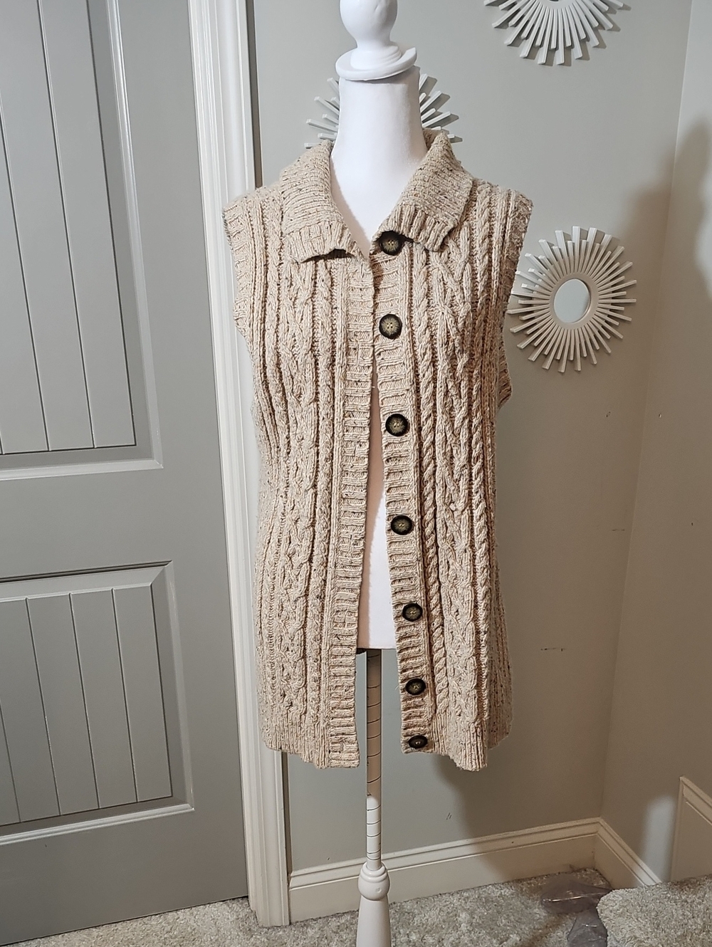 St. John's Bay Beige Cable-Knit Sleeveless Button Cardigan